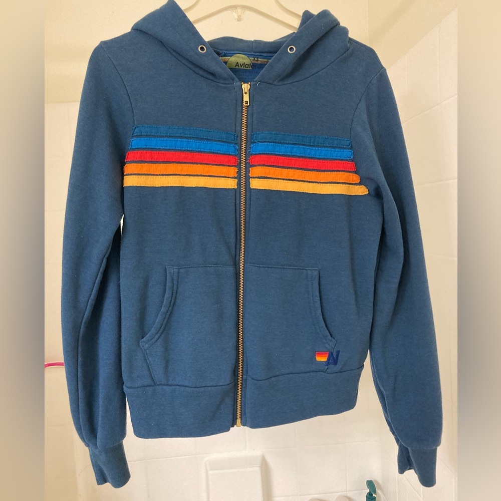 Aviator Nation 5 stripe women’s hoodie in deep ocean - size XS - like new
